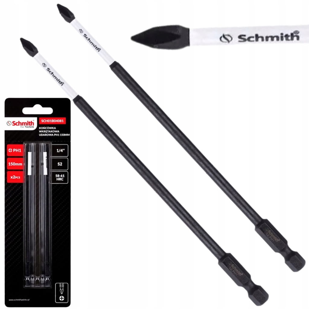 BITY UDAROWE PH1 150mm DŁUGI BIT KRZYŻOWY KOŃCÓWKA WKRĘTAKOWA 2szt SCHMITH