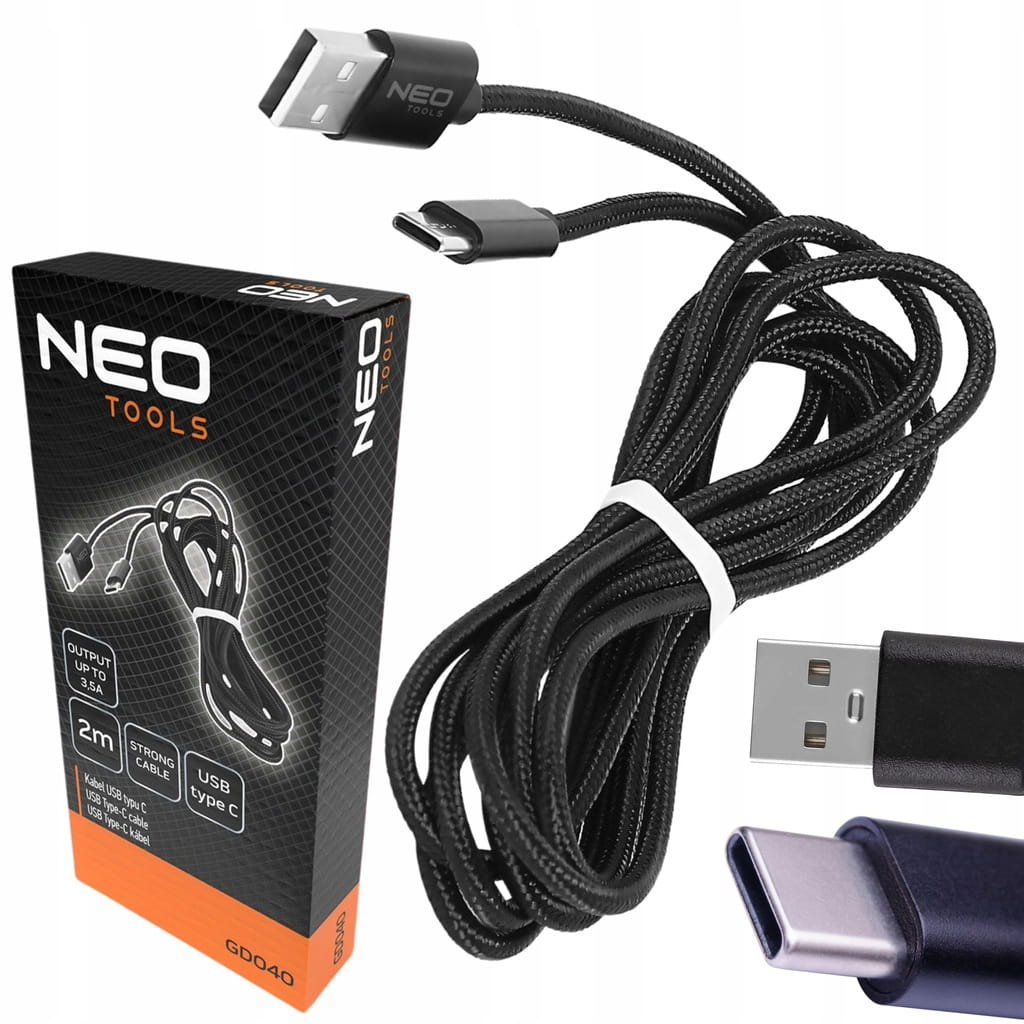 KABEL USB - USB typ C PRZEWÓD 2m CZARNY NYLONOWA OSŁONA NIE PLĄCZE SIĘ NEO