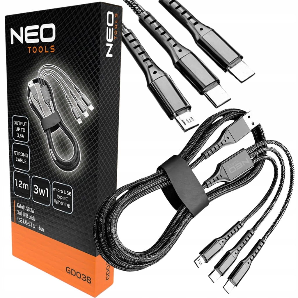 KABEL USB 3w1 USB typ C / Micro USB / Lightning 1,2m czarny nylon NEO